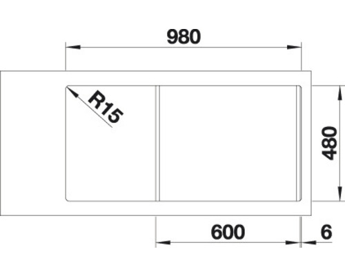 Zeichnung einer Spüle mit den Maßen 980 x 480 Millimeter
