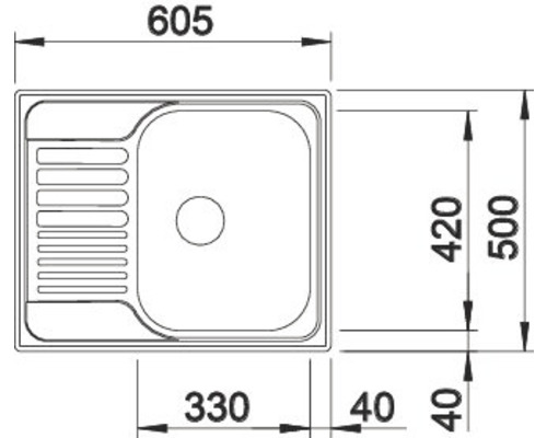 Zeichnung einer Spüle mit den Maßen 605, 500, 420, 330 und 40 Millimeter.