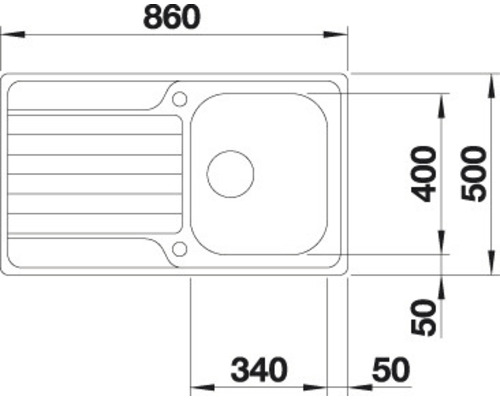 Technische Zeichnung einer Küchenspüle mit den Maßen 860 x 500 mm