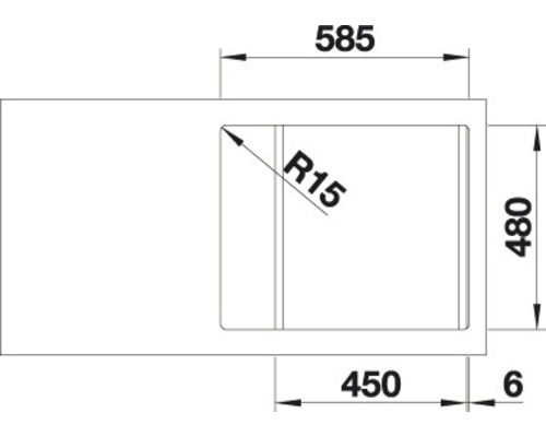 Zeichnung einer Spüle mit den Maßen 585, 480, 450 und einem Radius von 15.