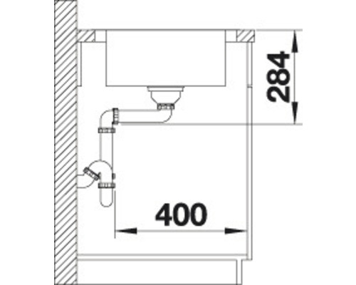 Technische Zeichnung einer Spüle mit Siphon und Maßangaben