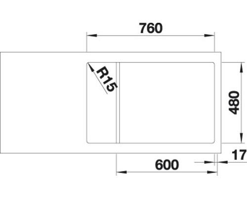 Skizze einer Spüle mit den Maßen 760 x 480 Millimeter