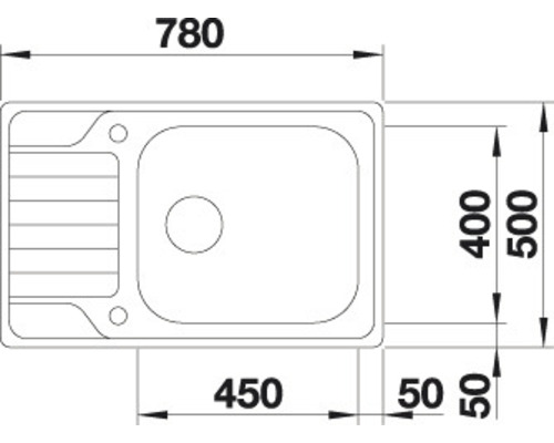 Technische Zeichnung einer Spüle mit Abmessungen