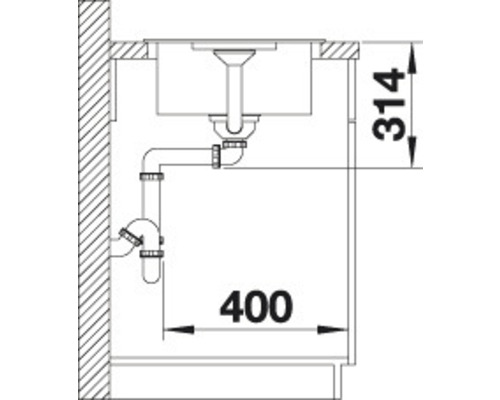 Skizze einer Spüle mit Abmessungen 314 und 400 mm zur Montage