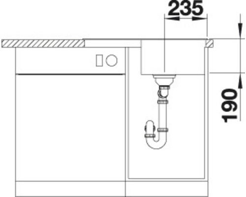 Technische Zeichnung eines Spültischs mit Abmessungen 235 und 190