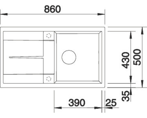 Zeichnung einer Spüle mit Größenangaben in Millimetern