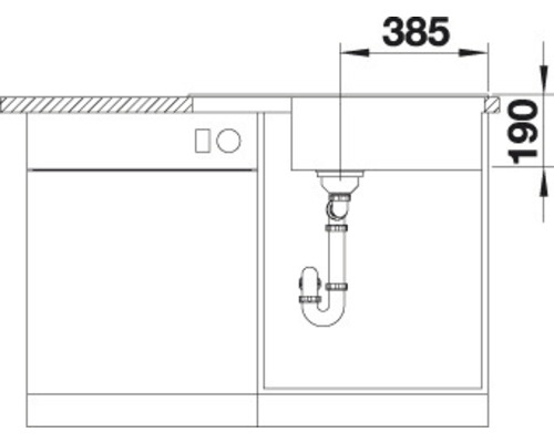 Technische Zeichnung einer Spüle mit Abmessungen 385 und 190 Millimeter