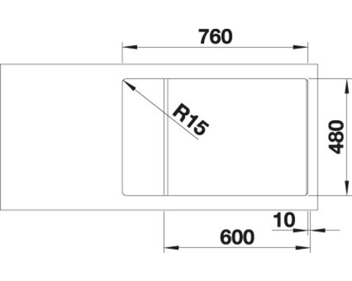 Technische Zeichnung einer Spüle mit den Maßen 760 x 480 mm und einer Beckenradius von R15.