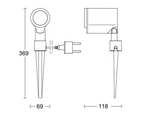 Technische Zeichnung von Erdspießstrahler mit Abmessungen