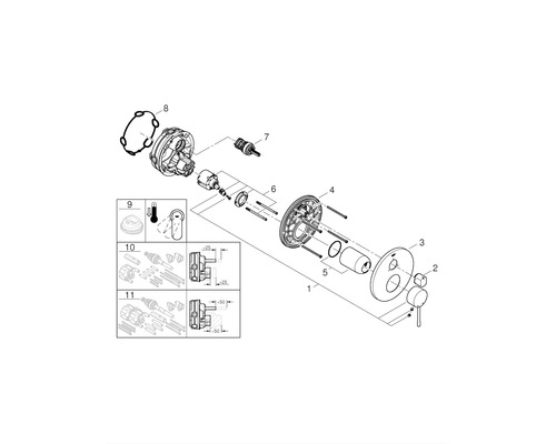 Explosionszeichnung einer Duscharmatur mit Einzelteilen
