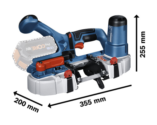 Bosch Akku-Bandsäge mit den Maßen 355 mm Länge, 200 mm Breite und 255 mm Höhe.