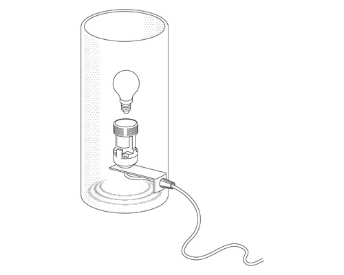 Illustration einer Lampe mit Fassung, Glühbirne und Kabel