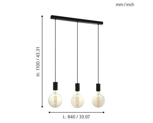 Illustration einer Hängelampe mit drei Leuchten und Maßangaben