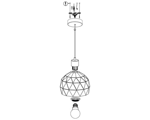 Explosionszeichnung einer Pendelleuchte mit geometrischem Lampenschirm und LED-Leuchtmittel