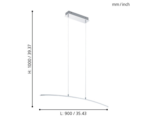 Abbildung einer Hängeleuchte mit Maßangaben: Höhe 1000 Millimeter, Länge 900 Millimeter.
