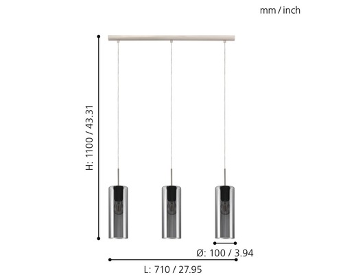 Hängelampe mit drei Lampen und Maßen.