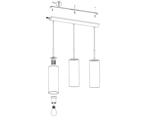 Explosionszeichnung einer Hängelampe mit drei Lampenschirmen, Montageanleitung