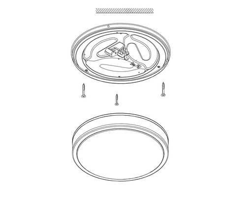 Explosionsdarstellung einer runden Deckenleuchte mit Montagezubehör