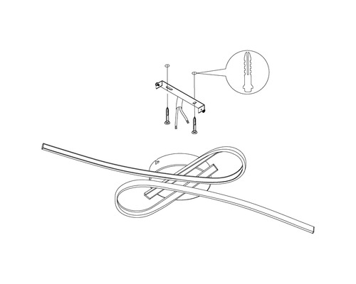 Installationsanleitung für LED Deckenleuchte mit Montagehalterung, Dübeln und Schrauben.