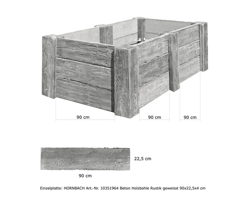 Beton-Hochbeet mit Holzbohlen-Optik und den Maßen 90x22,5x4 cm