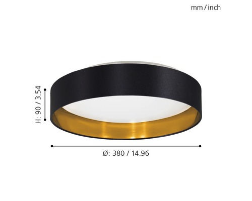 Deckenleuchte mit den Maßen Durchmesser 380 Millimeter und Höhe 90 Millimeter.