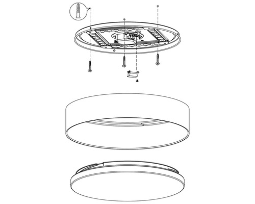 Explosionszeichnung einer runden Deckenleuchte mit Befestigungsmaterial