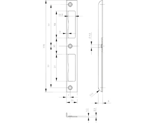 Technische Zeichnung eines Türschlosses mit Maßangaben