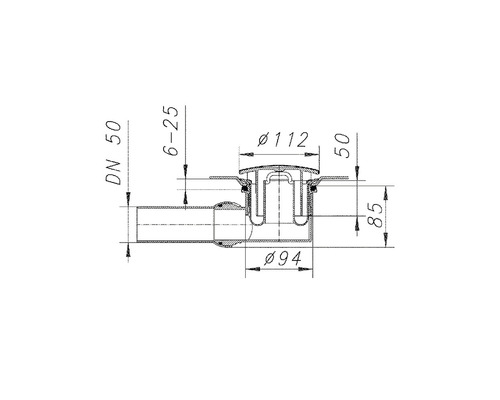 Technische Zeichnung eines Bodenablaufs mit Maßangaben