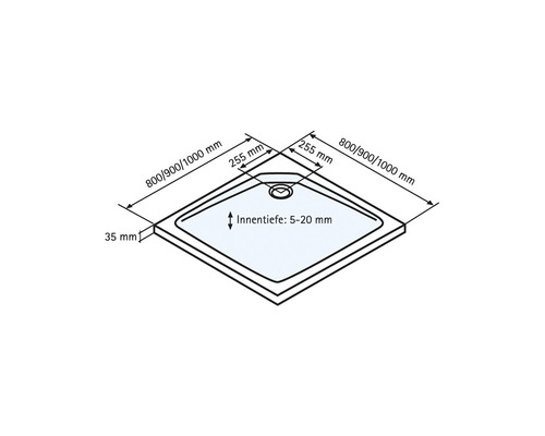 Technische Zeichnung einer Duschwanne mit Maßangaben