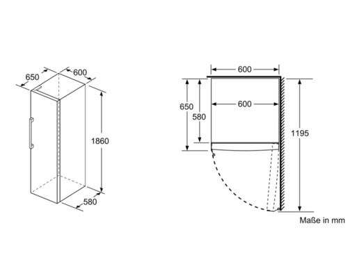 Technische Zeichnung eines Kühlschranks mit Maßangaben