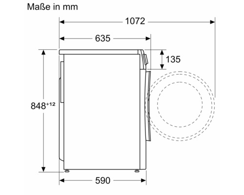 Technische Zeichnung einer Waschmaschine mit Maßangaben in Millimetern