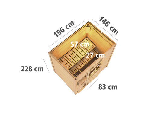 Draufsicht eines Holzspielhauses mit Maßangaben