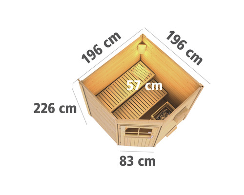 Draufsicht Ecksauna mit Maßangaben: 196 cm x 196 cm x 226 cm, Türbreite 83 cm, Sitzbanktiefe 57 cm