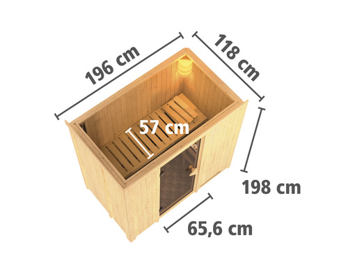 Abmessungen der Holzsauna: 196 cm Länge, 118 cm Breite, 198 cm Höhe, Sitzbank 57 cm breit