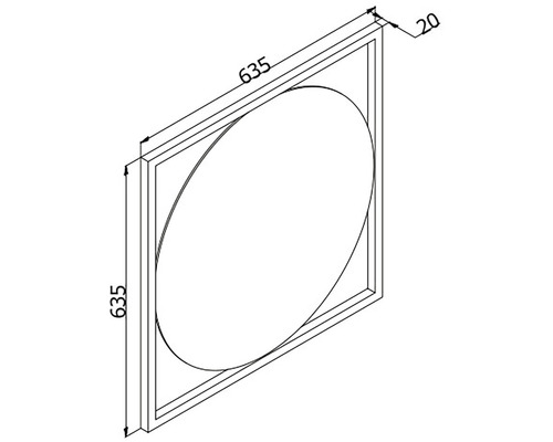 Technische Zeichnung einer quadratischen Wanddekoration mit kreisförmigem Ausschnitt und Maßangaben.