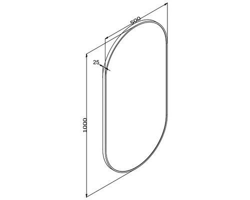 Technische Zeichnung eines Spiegels mit den Maßen 1000 x 500 mm.