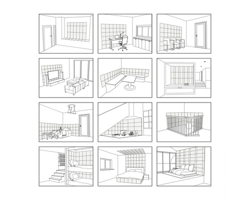 Schwarzweiße Illustrationen von verschiedenen Innenräumen