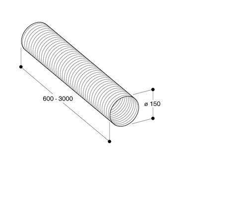 Illustration eines flexiblen Rohres mit einem Durchmesser von 150 mm und einer Länge von 600 bis 3000 mm.