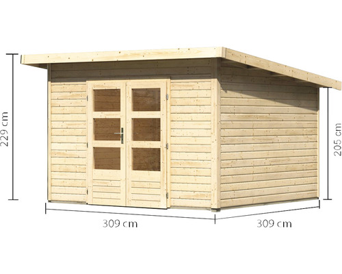 Holzgartenhaus mit Flachdach und Maßangaben