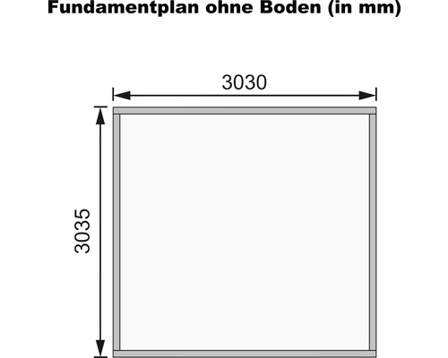 Fundamentplan mit Maßangaben Länge 3030 Millimeter, Breite 3035 Millimeter