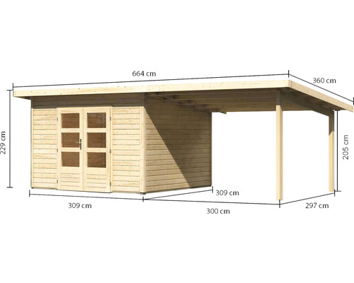 Holzgartenhaus mit Anbau und Maßangaben