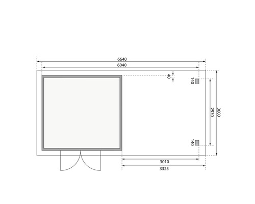 Maßzeichnung eines Gartenhauses mit Terrasse und Tür