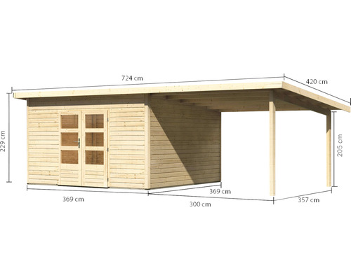 Holzgartenhaus mit Carport und Maßangaben