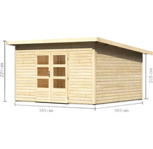Gartenhaus aus Holz mit Tür und Maßangaben
