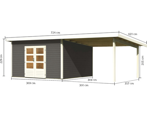 Abbildung eines Gartenhauses mit Anbau und Maßangaben