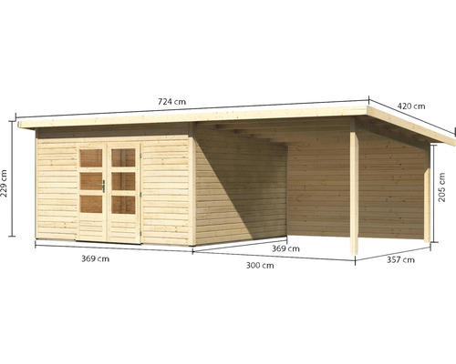 Holzgartenhaus mit Vordach und Maßangaben.