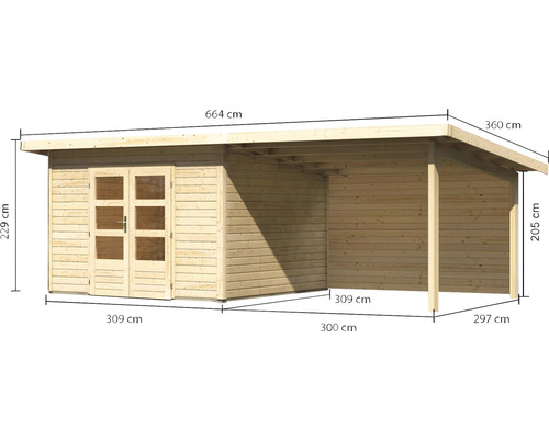 Abbildung eines Holzgartenhauses mit den Maßen 664 mal 300 Zentimeter