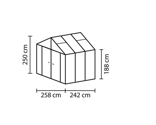 Abbildung des Gewächshauses mit den Maßen 250 cm Höhe, 258 cm plus 242 cm Breite und 188 cm Seitenhöhe.