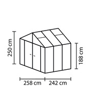 Illustration eines Gewächshauses mit den Maßen 250 cm Höhe, 258 cm und 242 cm Breite sowie 188 cm Seitenhöhe.