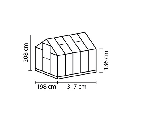 Abmessungen Gewächshaus: 208 cm Höhe, 136 cm Tiefe, 198 cm plus 317 cm Breite